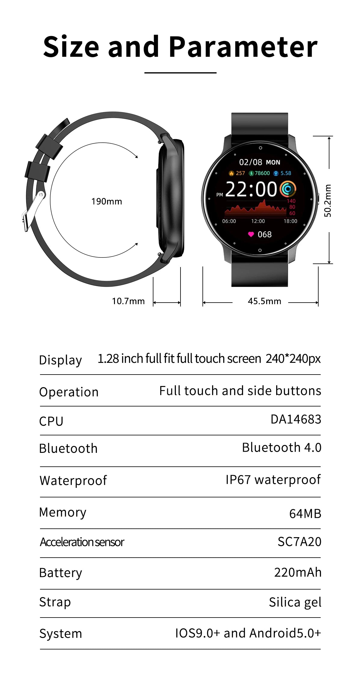 Montre Connectée Unisexe — Écran Tactile, Suivi Santé, Étanche IP67, Notifications