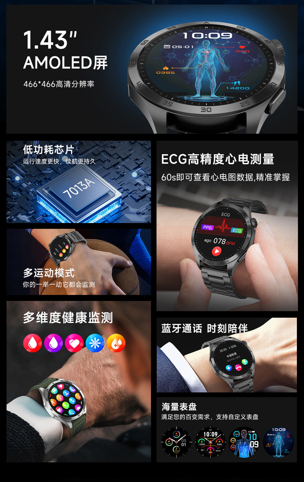 Montre Connectée ET485 — Écran AMOLED, Appels Bluetooth, ECG & Suivi Santé