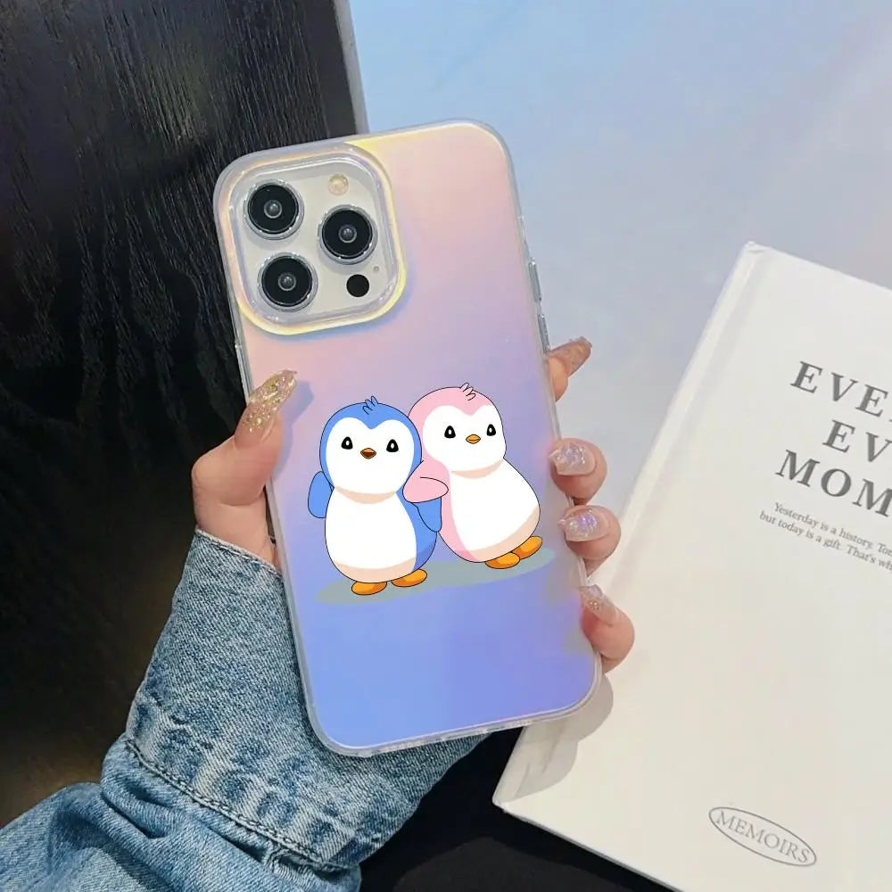 Coque iPhone Luxury Pudgy Penguins – Aurora Laser Gradient, Compatible iPhone 11 au 17 Pro Max