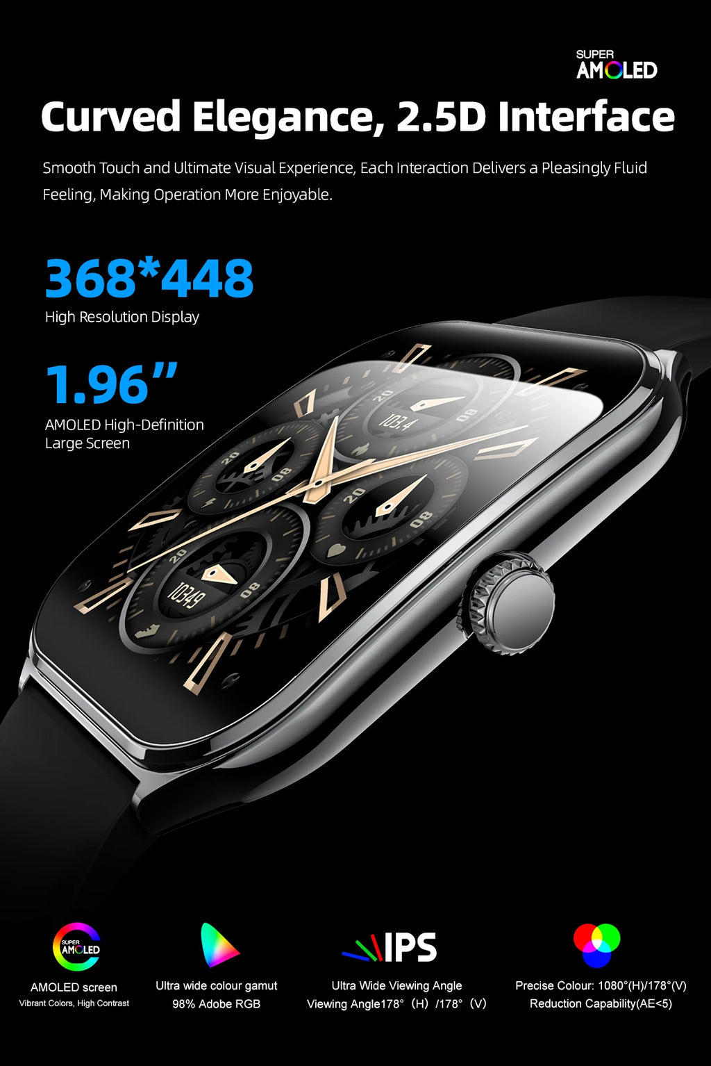 Montre Connectée Ultra-Fine — Écran AMOLED 1,96", Appels Bluetooth, Suivi Santé