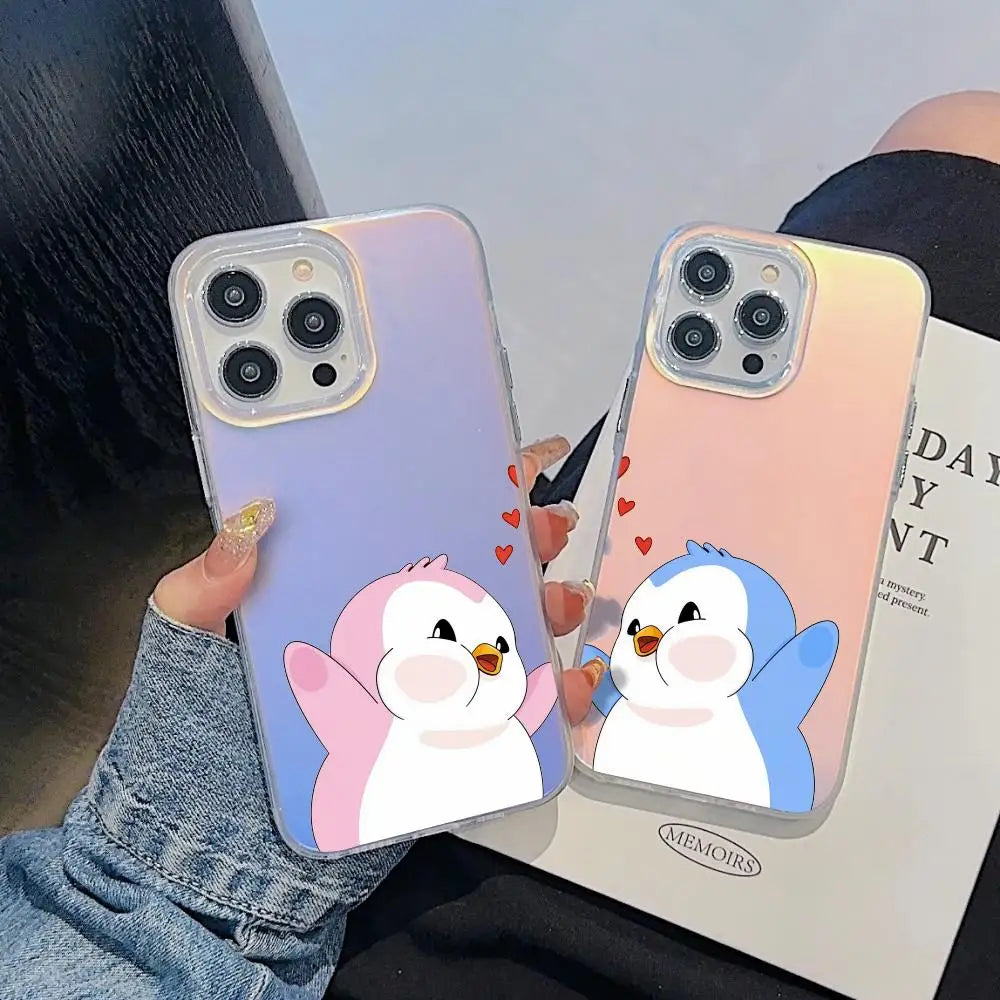 Luxury Pudgy Penguins Phone Case For iPhone 17 16 15 14 13 12 11 Pro Max Plus Transparent Aurora Laser Gradient Cover