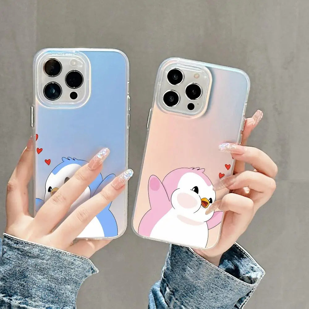 Luxury Pudgy Penguins Phone Case For iPhone 17 16 15 14 13 12 11 Pro Max Plus Transparent Aurora Laser Gradient Cover