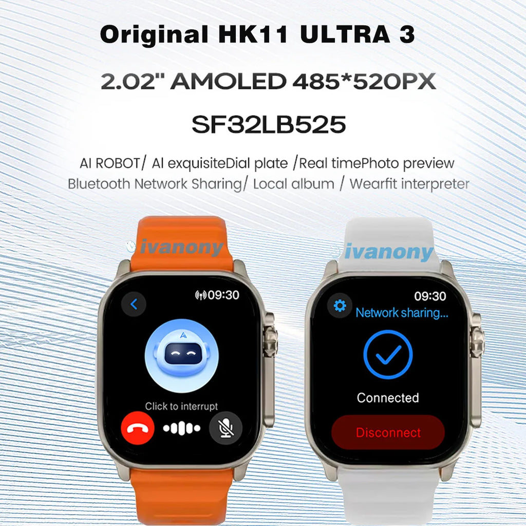 Montre Connectée HK11 Ultra 3 — AMOLED 2,02", Appels Bluetooth, Assistant IA, TWS