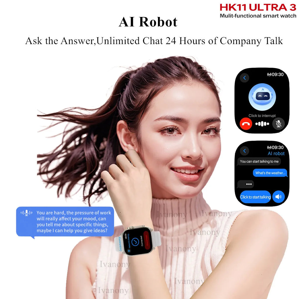 Montre Connectée HK11 Ultra 3 — AMOLED 2,02", Appels Bluetooth, Assistant IA, TWS