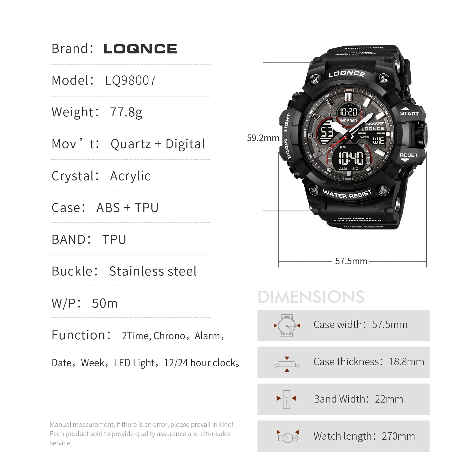 Montre Sport Homme Chronographe — Double Affichage LED, Résistante à l'Eau