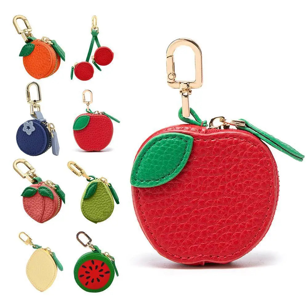  Cute Fruit Shape Mini Coin Purse with Keychain, Portable Zipper Leather Earphone Bag Pendant Wallet for Women Girls