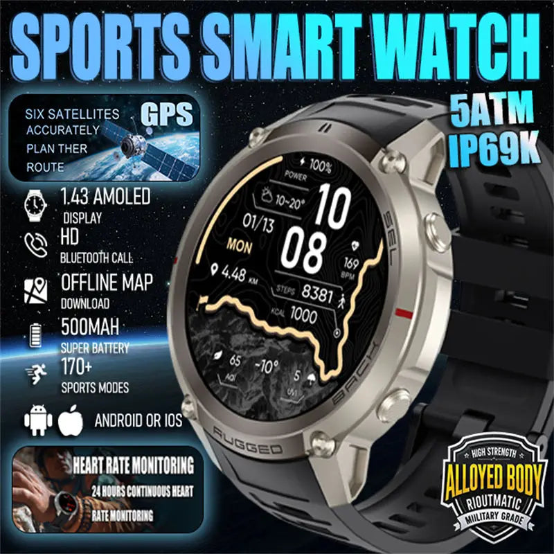 Montre Connectée GPS Sport Premium — 5ATM, 170+ Sports, AMOLED, Appels Bluetooth