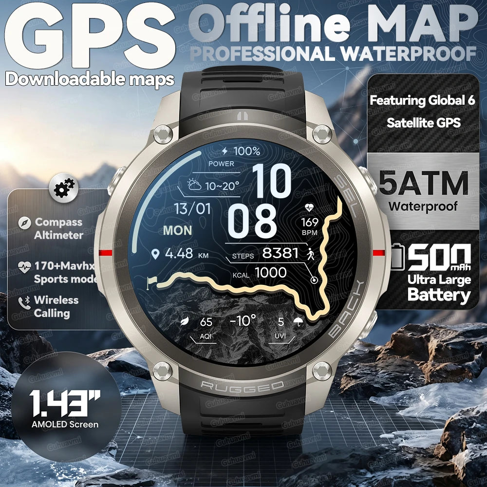 Montre Connectée GPS Sport Premium — 5ATM, 170+ Sports, AMOLED, Appels Bluetooth