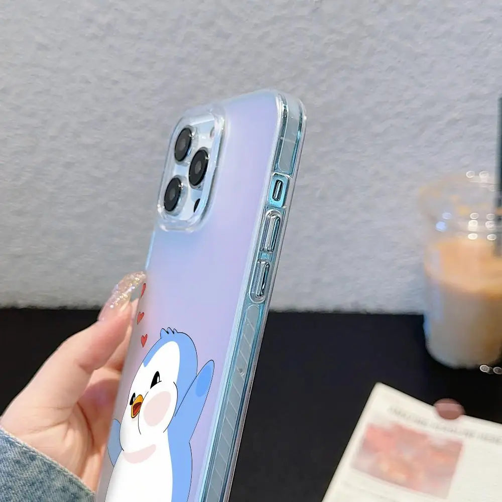 Luxury Pudgy Penguins Phone Case For iPhone 17 16 15 14 13 12 11 Pro Max Plus Transparent Aurora Laser Gradient Cover