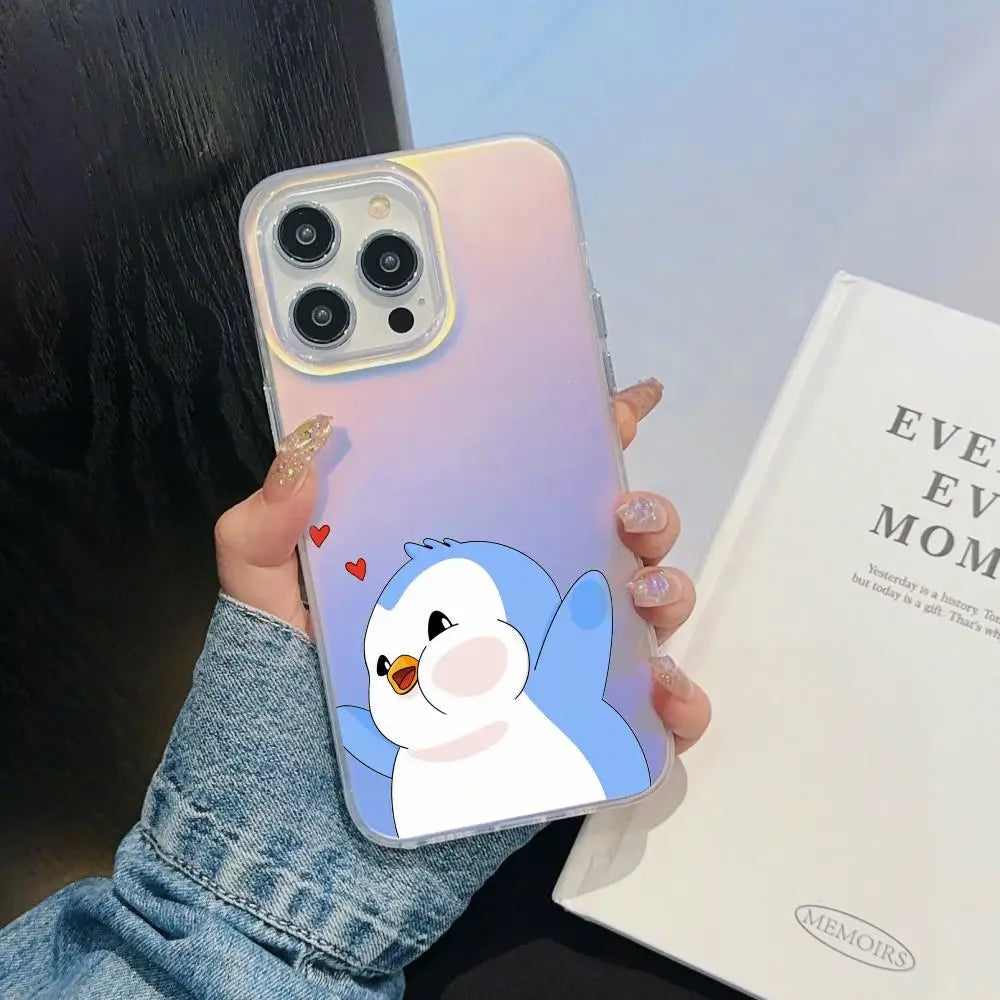 Coque iPhone Luxury Pudgy Penguins – Aurora Laser Gradient, Compatible iPhone 11 au 17 Pro Max