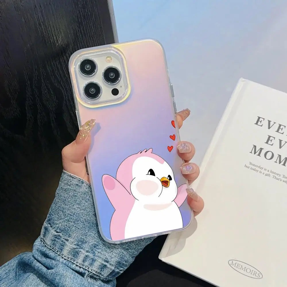 Coque iPhone Luxury Pudgy Penguins – Aurora Laser Gradient, Compatible iPhone 11 au 17 Pro Max