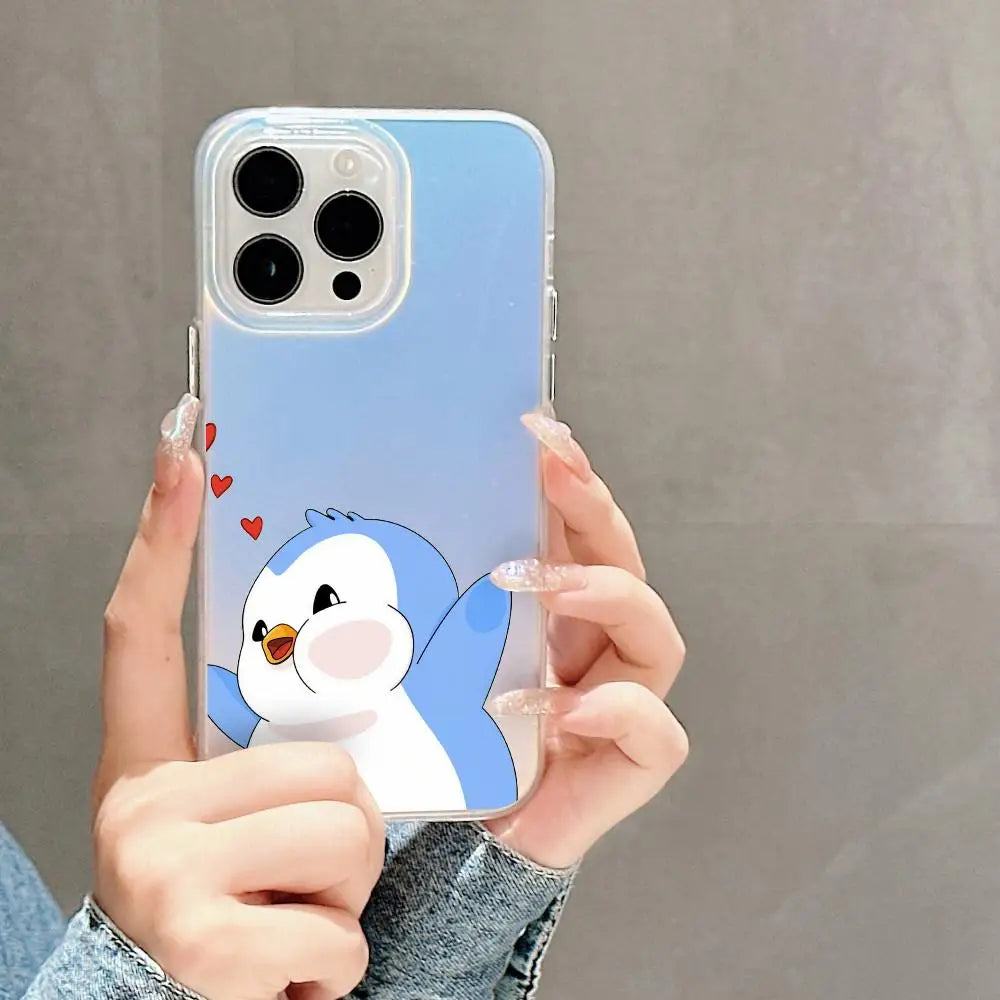 Luxury Pudgy Penguins Phone Case For iPhone 17 16 15 14 13 12 11 Pro Max Plus Transparent Aurora Laser Gradient Cover