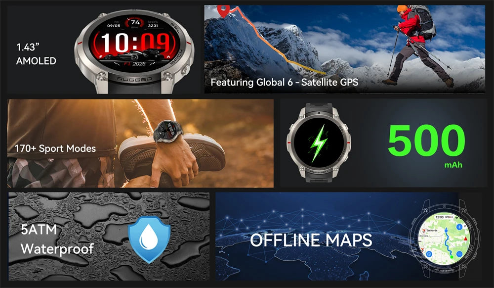 Montre Connectée GPS Sport Premium — 5ATM, 170+ Sports, AMOLED, Appels Bluetooth