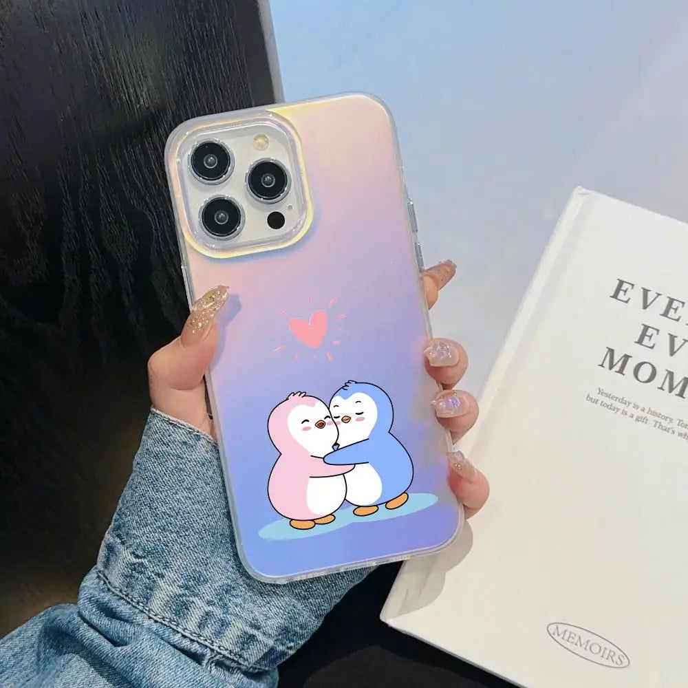 Luxury Pudgy Penguins Phone Case For iPhone 17 16 15 14 13 12 11 Pro Max Plus Transparent Aurora Laser Gradient Cover