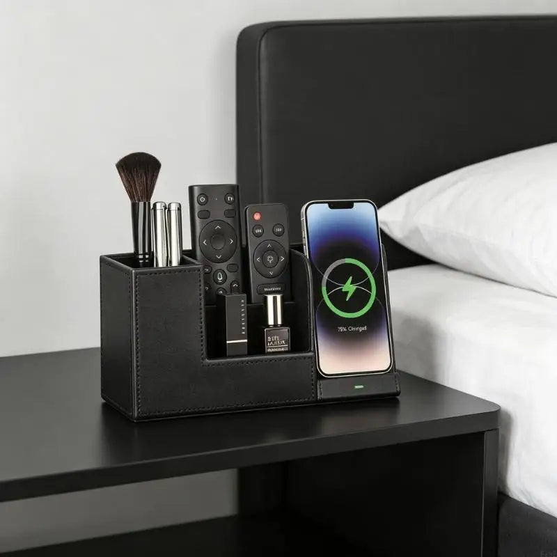 PU Leather Remote Stand With Built in Phone Charging Dock 10W Cordless Power Station For Home Offices Desk Organization F19E
