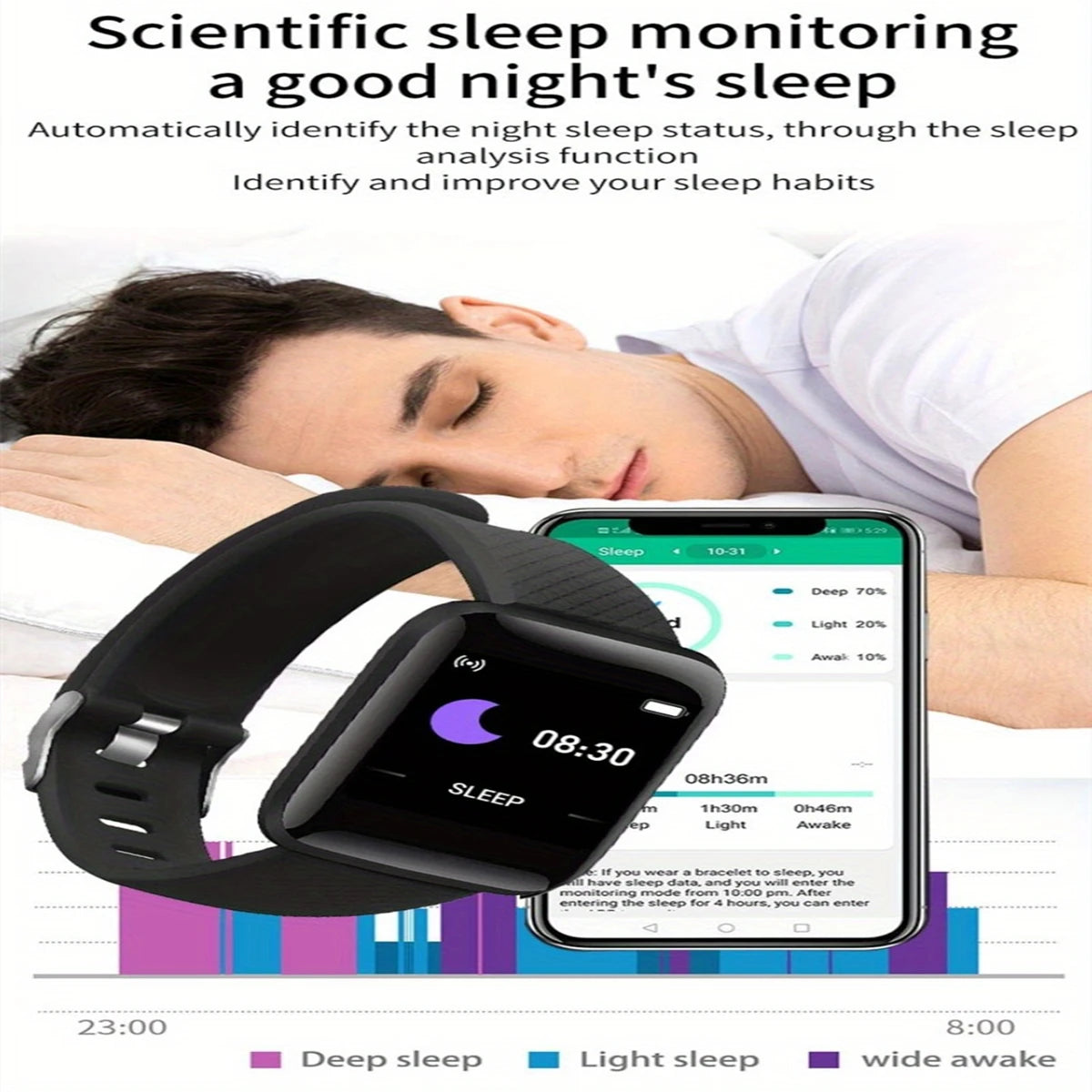 Bracelet Connecté Fitness — Suivi Santé, Notifications, Compatible iOS & Android