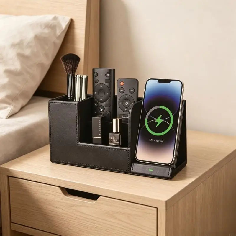 PU Leather Remote Stand With Built in Phone Charging Dock 10W Cordless Power Station For Home Offices Desk Organization F19E