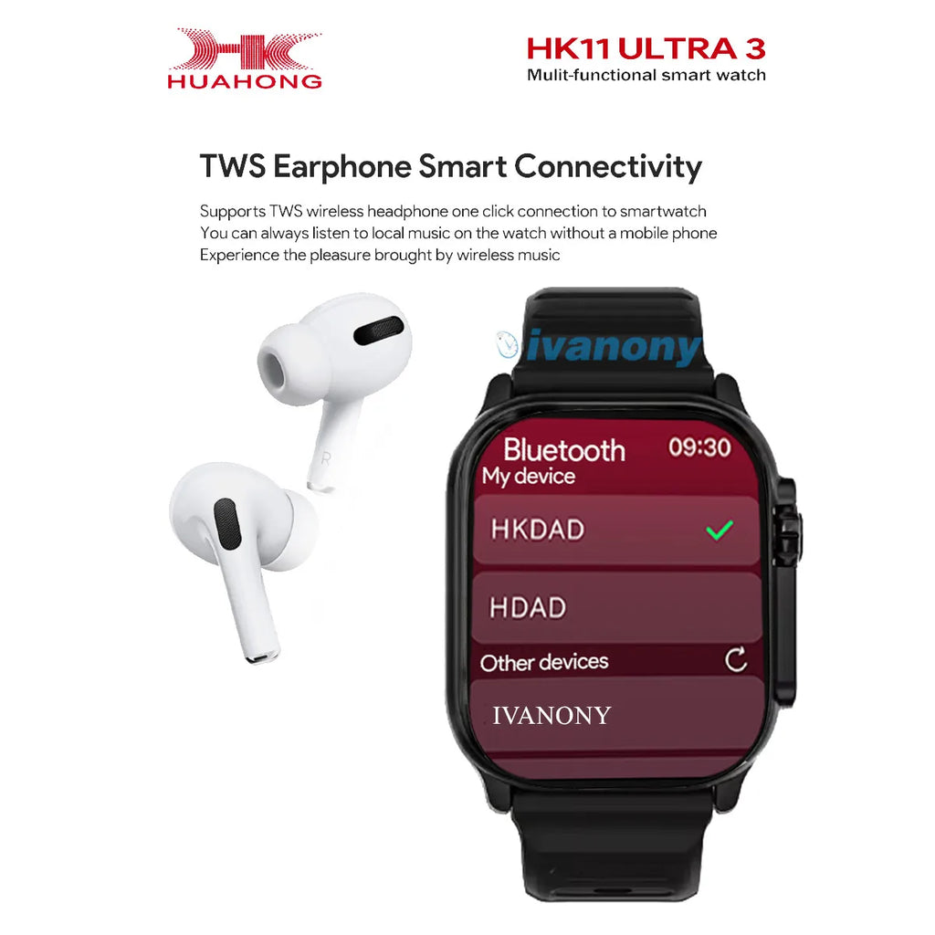 Montre Connectée HK11 Ultra 3 — AMOLED 2,02", Appels Bluetooth, Assistant IA, TWS