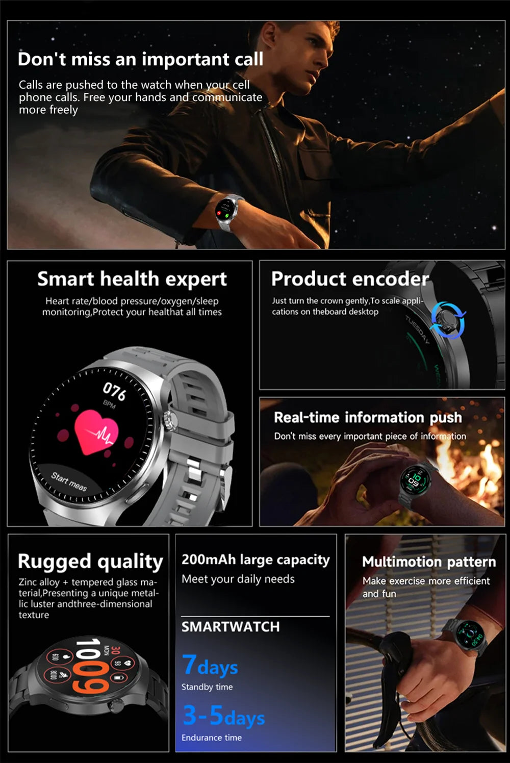 Montre Connectée Homme HD 1,52" — Verre Saphir, Appels Bluetooth, Assistant Vocal, 100+ Cadrans