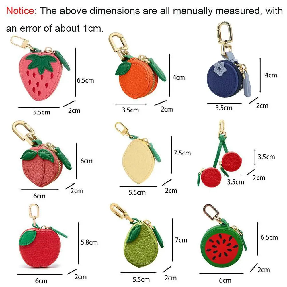  Cute Fruit Shape Mini Coin Purse with Keychain, Portable Zipper Leather Earphone Bag Pendant Wallet for Women Girls