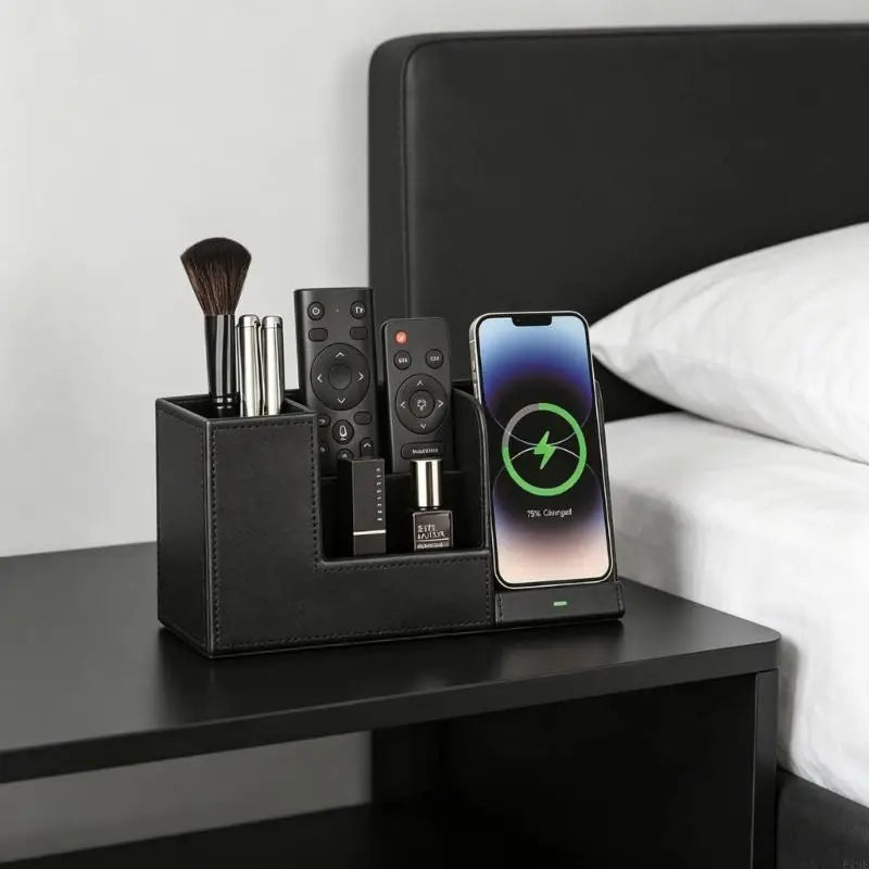 PU Leather Remote Stand With Built in Phone Charging Dock 10W Cordless Power Station For Home Offices Desk Organization F19E