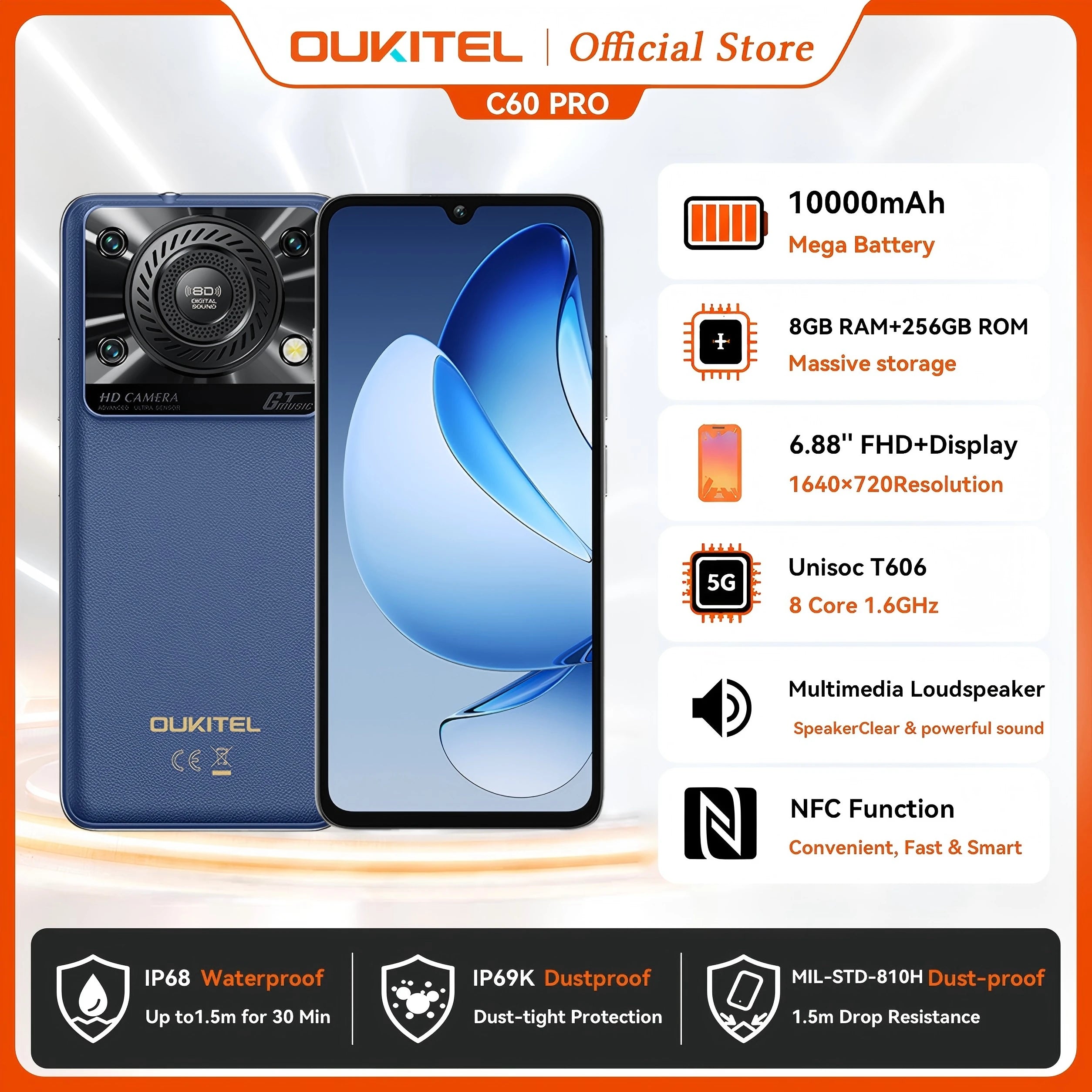 Smartphone Oukitel C60 Pro – 10000mAh, 24GB+256GB, Android 15, IP68