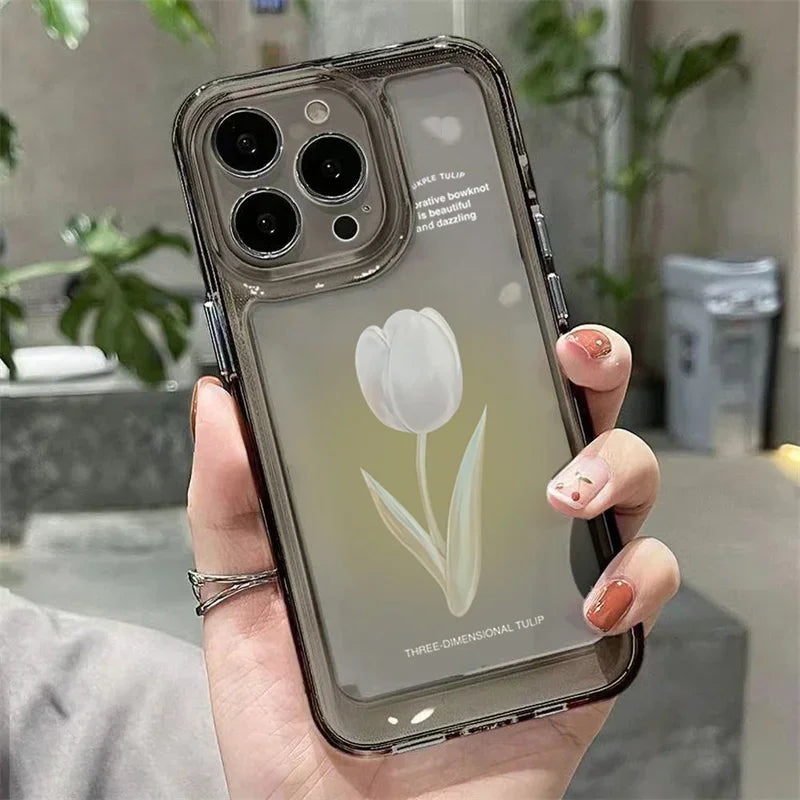 Coque iPhone Transparente Motif Tulipe – Compatible iPhone 7 au 17 Pro Max, Silicone Anti-Chocs