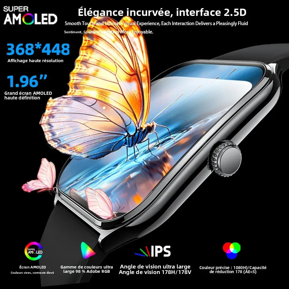 Montre Connectée Ultra-Fine — Écran AMOLED 1,96", Appels Bluetooth, Suivi Santé