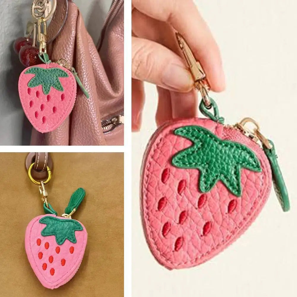  Cute Fruit Shape Mini Coin Purse with Keychain, Portable Zipper Leather Earphone Bag Pendant Wallet for Women Girls