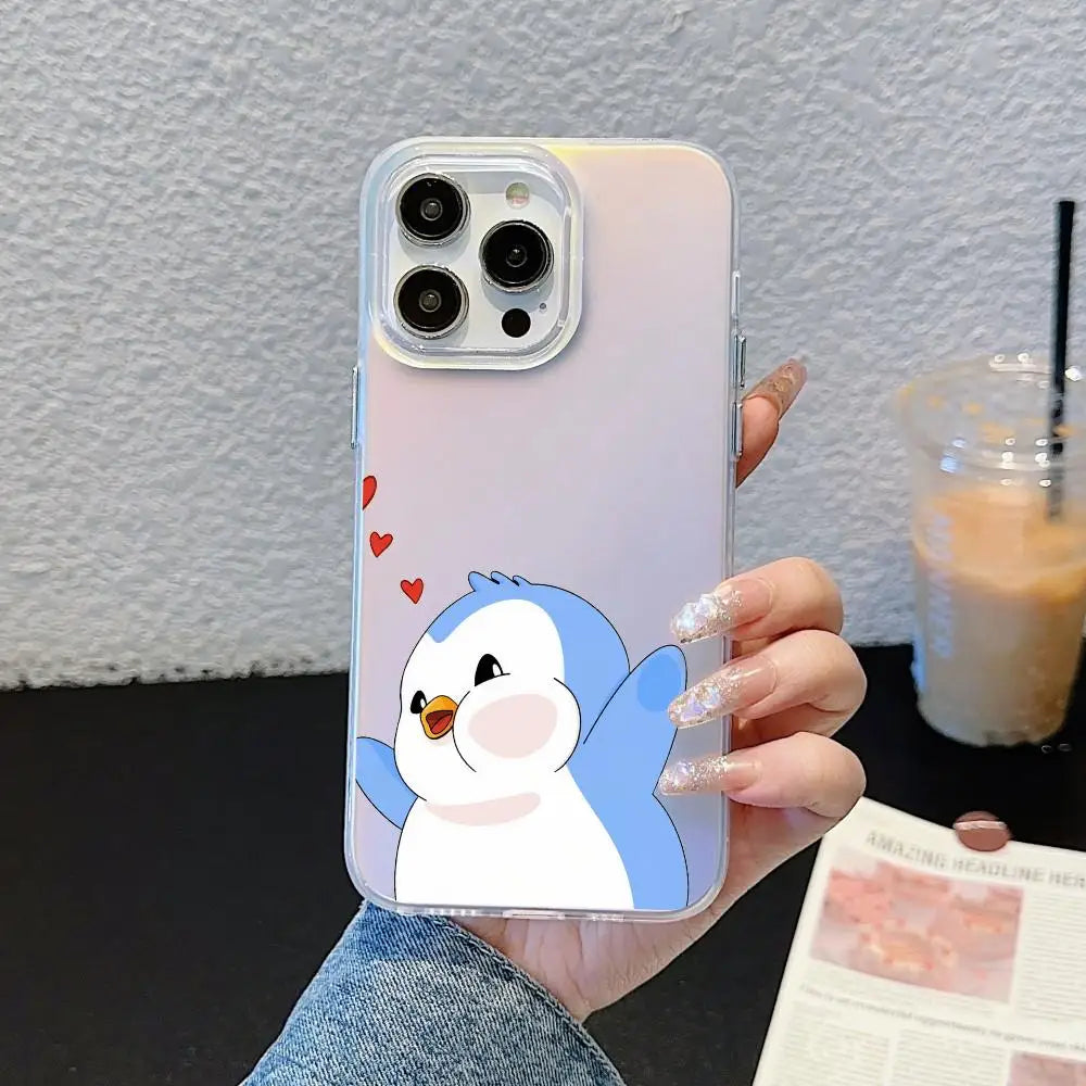Luxury Pudgy Penguins Phone Case For iPhone 17 16 15 14 13 12 11 Pro Max Plus Transparent Aurora Laser Gradient Cover