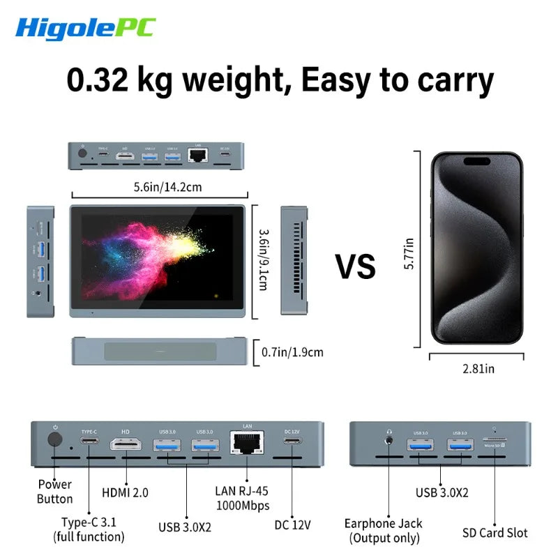 Pocket Higole Gole 2 Pro 5.5" Mini PC Intel Win11 WiFi5 8/16GB RAM 4K Portable Computer for Office/Industrial Use