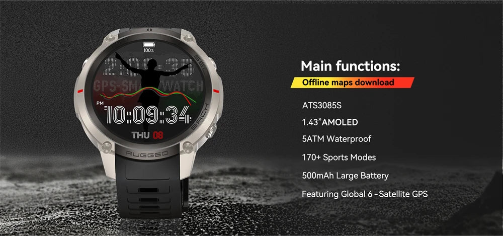 Montre Connectée GPS Sport Premium — 5ATM, 170+ Sports, AMOLED, Appels Bluetooth