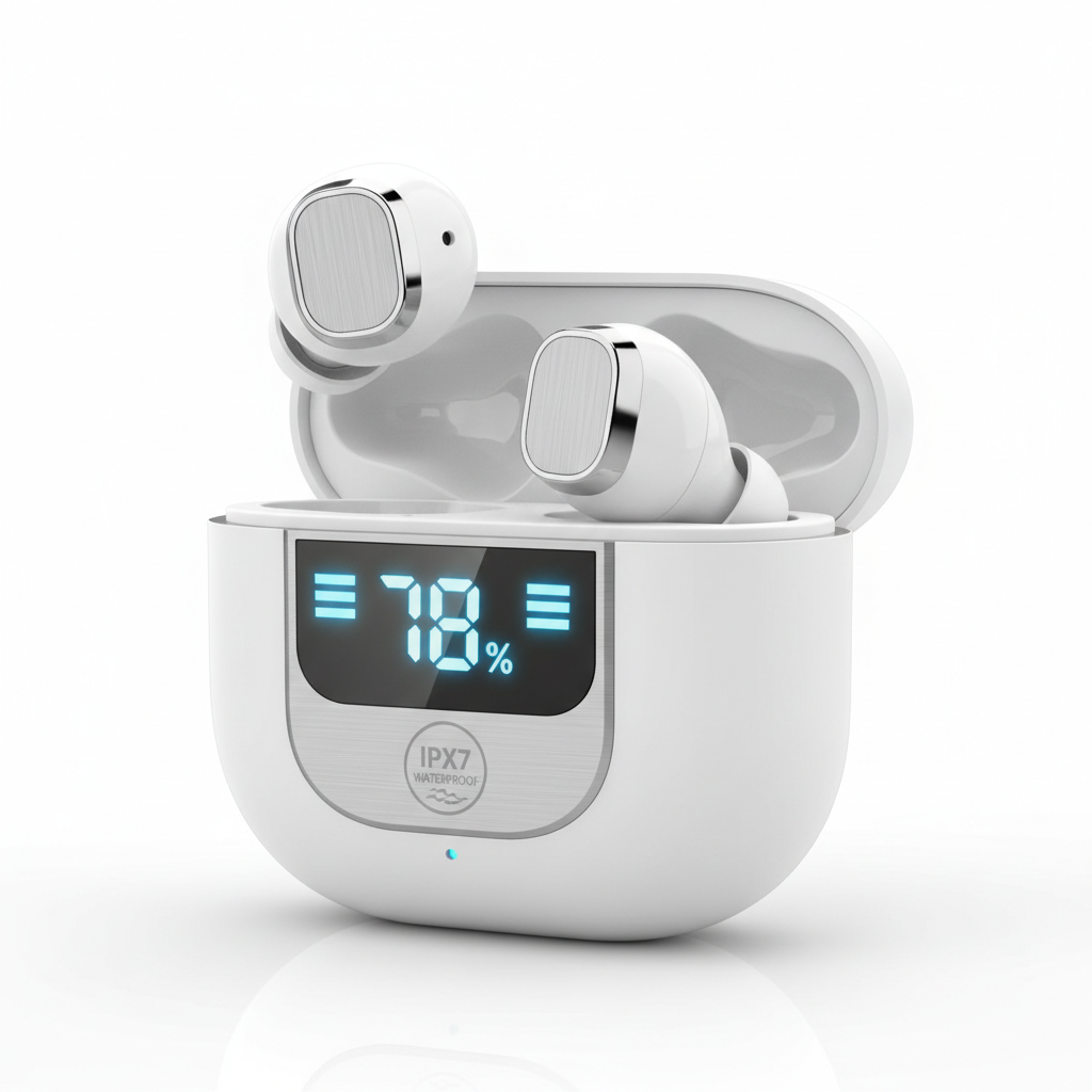 Écouteurs HiFi blanc et argent étanche IP7 affichage LED 48H