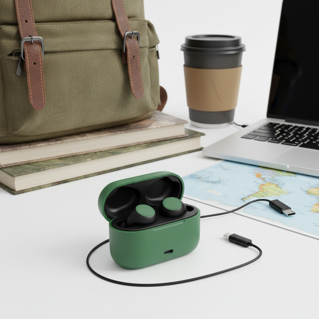 Écouteurs sans fil vert et noir style étudiant nomade