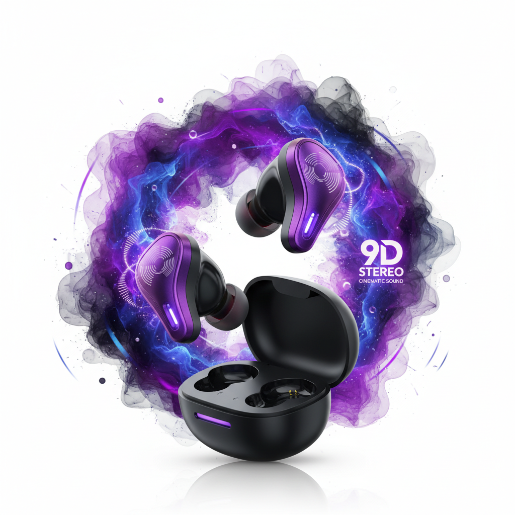Écouteurs TWS violet et noir son 9D immersif HiFi