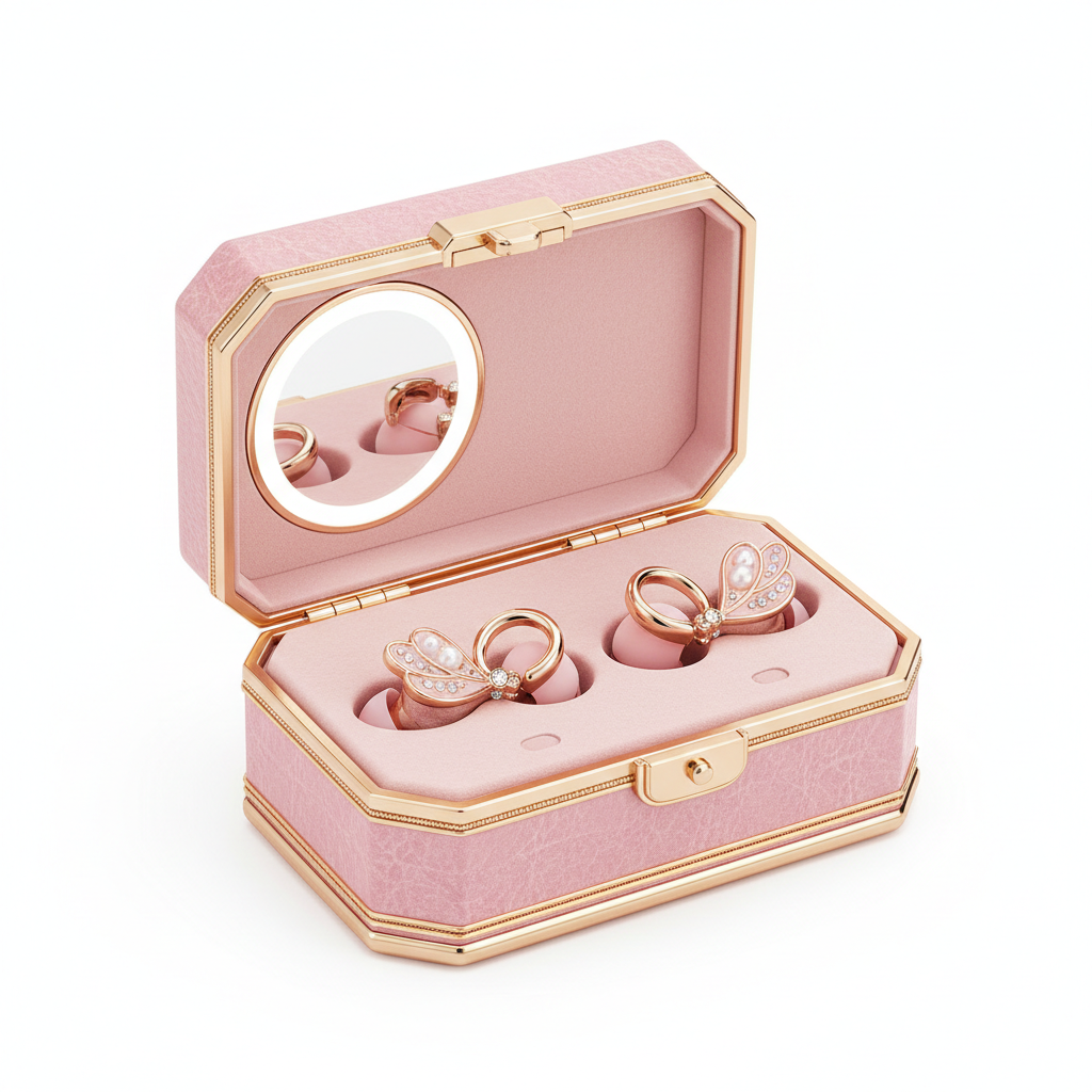Écouteurs clip bijou rose et or avec boîtier miroir et lumière