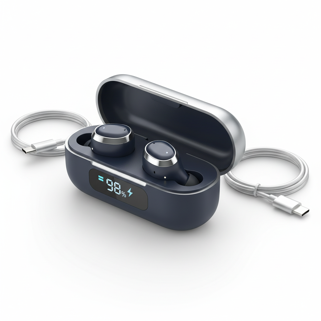 Écouteurs sans fil bleu marine et argent avec power bank intégré