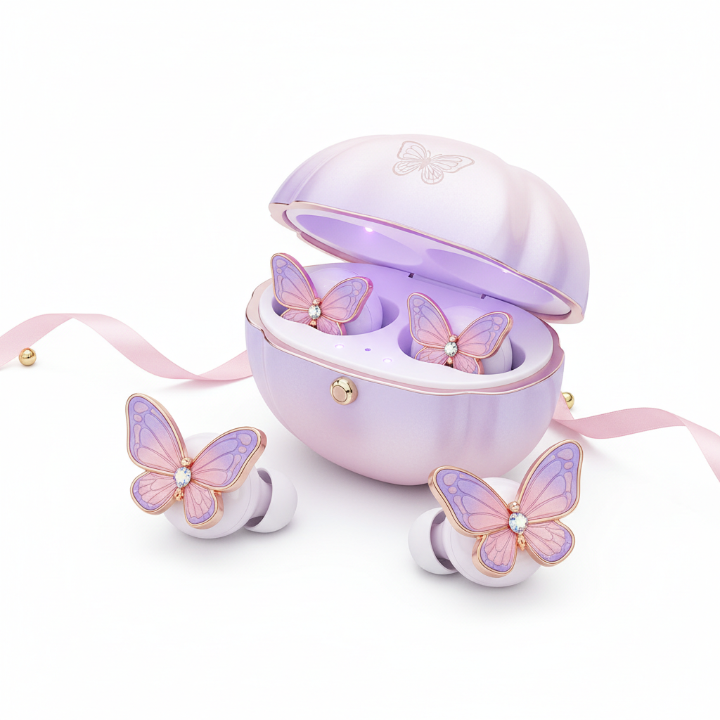 Écouteurs sans fil violet et rose avec papillons