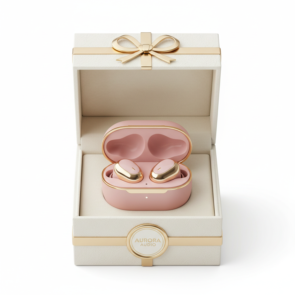 Écouteurs sans fil rose et or présentation cadeau