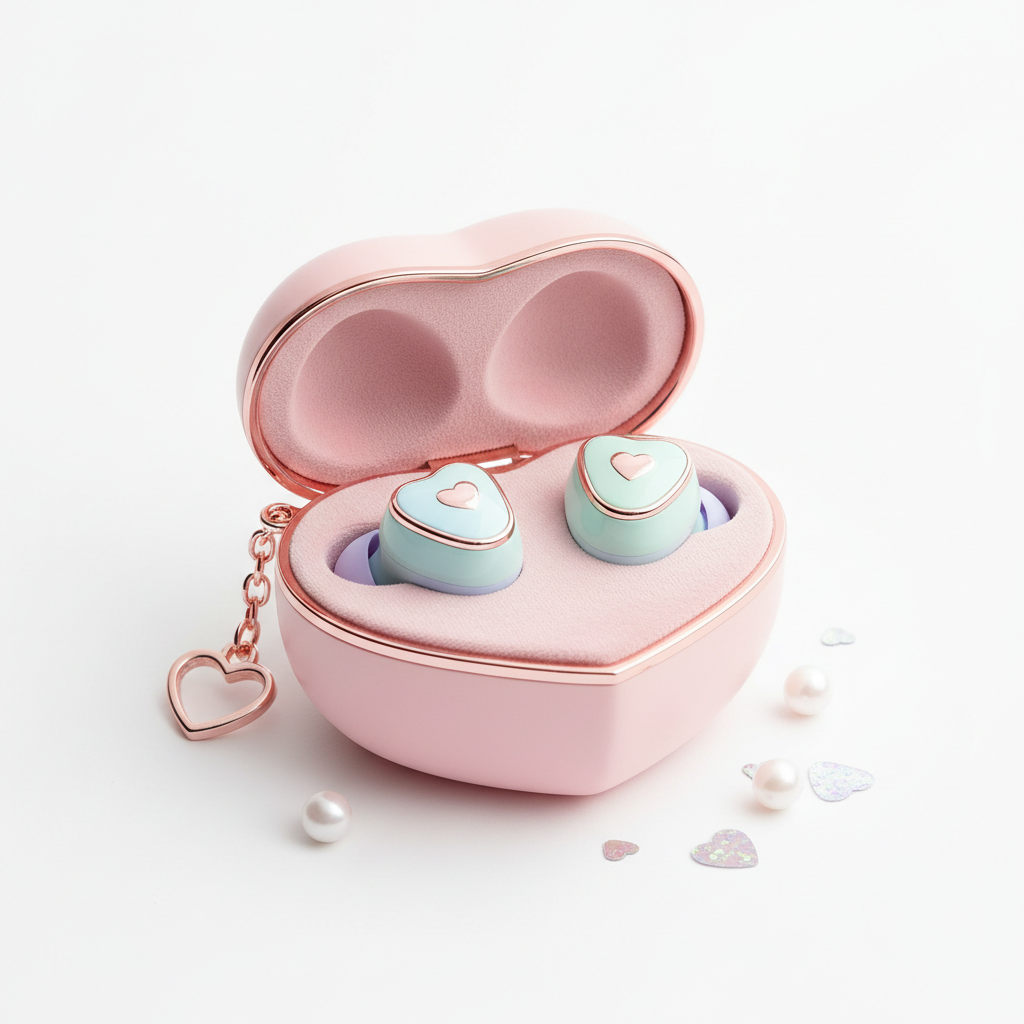Écouteurs sans fil rose gold avec cœurs