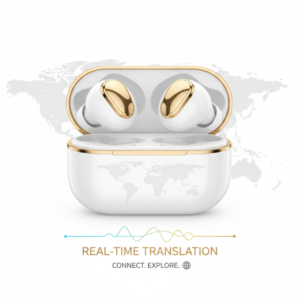 Écouteurs intelligents blanc et or avec traduction temps réel 144 langues