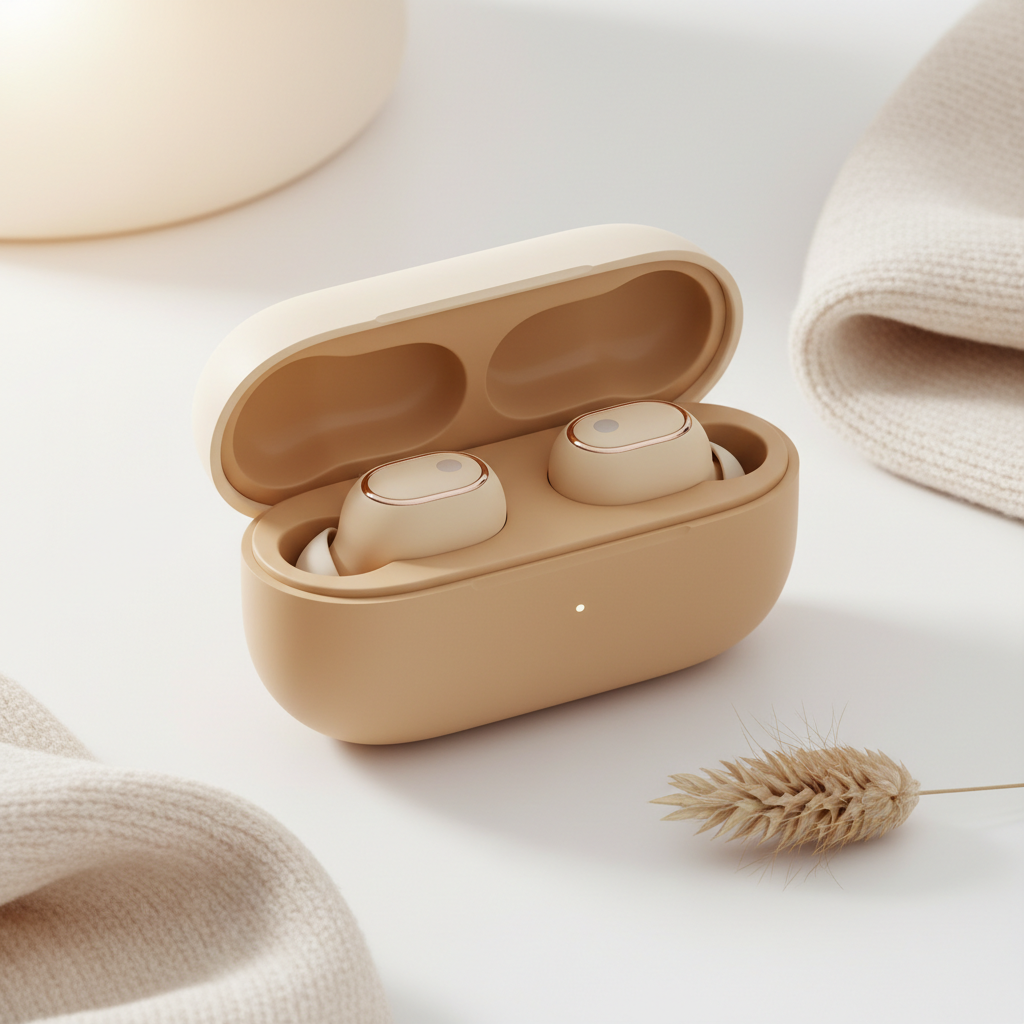 Écouteurs TWS beige et crème avec boîtier de charge