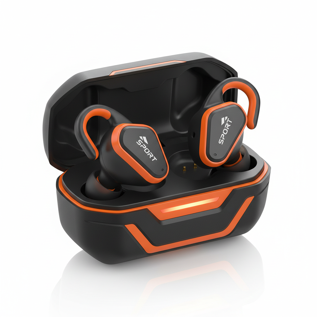 Écouteurs TWS sport orange et noir compatibles tous smartphones