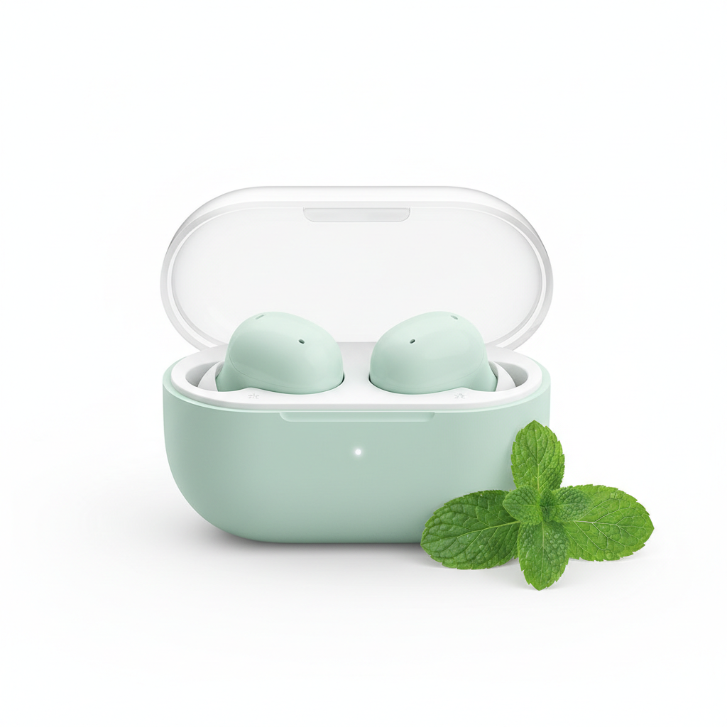 Écouteurs sans fil menthe et blanc minimaliste